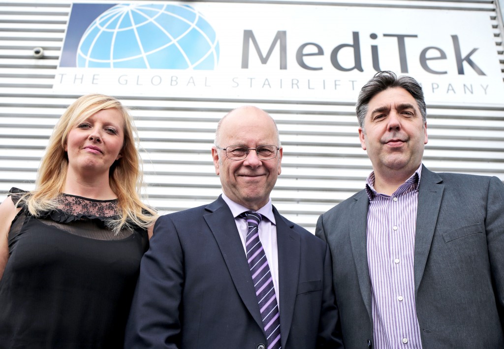 Business Durham's John Parnell (centre) with MediTek's MD Philip Carmedy-Pye and business developement manager Nikki Rotherham at the companies Newton Aycliffe site. The stairlift manufacturer is targeting new markets selling direct to UK consumers. Picture by Stuart Boulton.