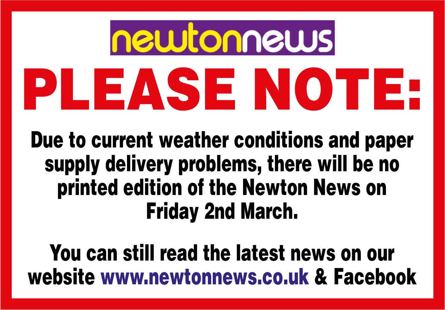 No Printed Newton News on 2nd March