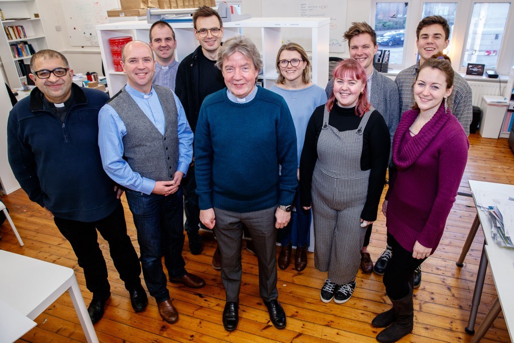 L-R: Revd Arun Arora, Revd Mark Miller, Revd Matt Keddilty, Revd Rich Grant and Revd Canon David Tomlinson with members of the St Georges Gateshead Leadership Team celebrate the award of £3.9M to grow mission communities across the North East. (Picture By: Keith Blundy)