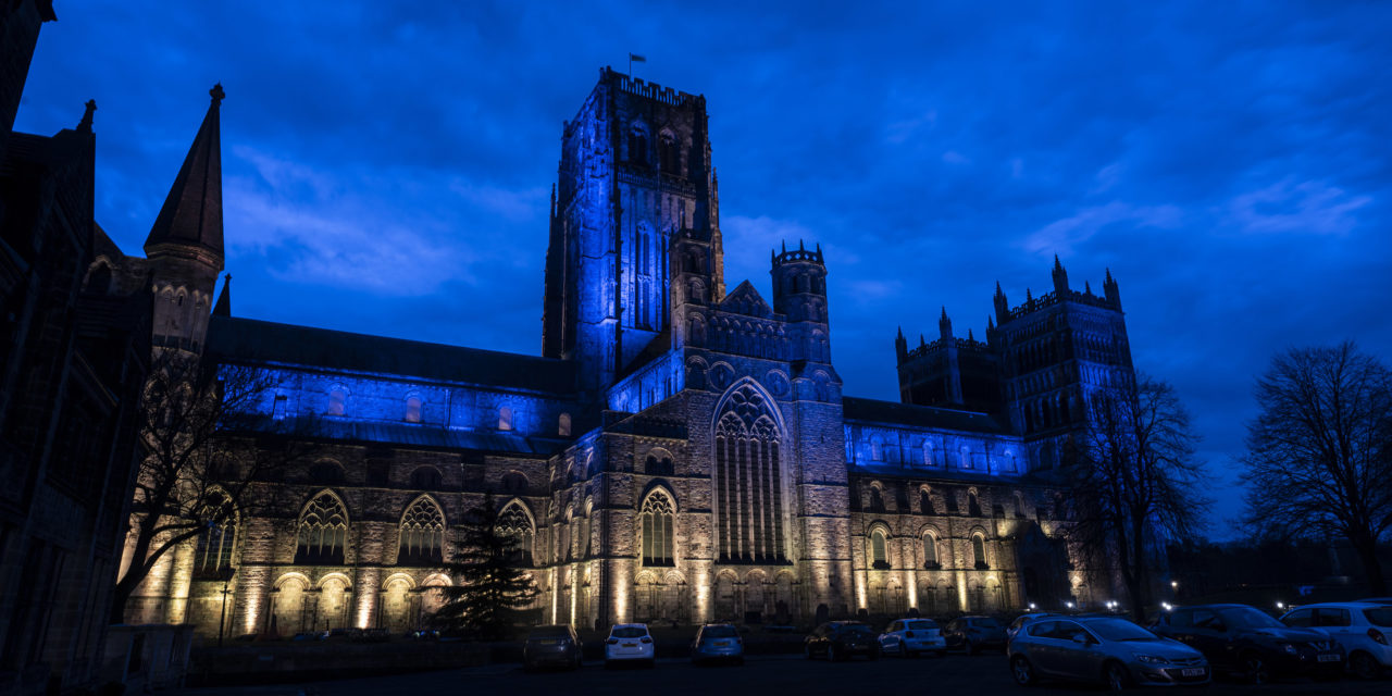 Durham Cathedral lit in solidarity with the people of Ukraine